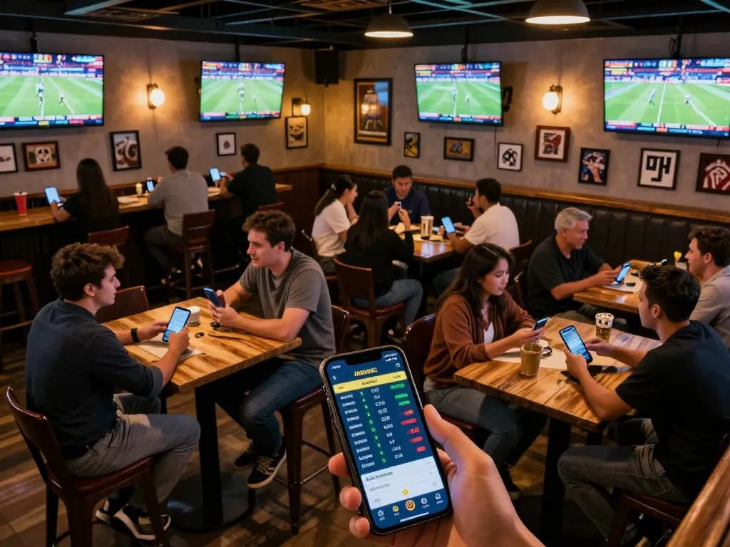 Engaging scene of patrons using mobile devices to place bets, exploring tin soi kèo updates at a lively sports bar.