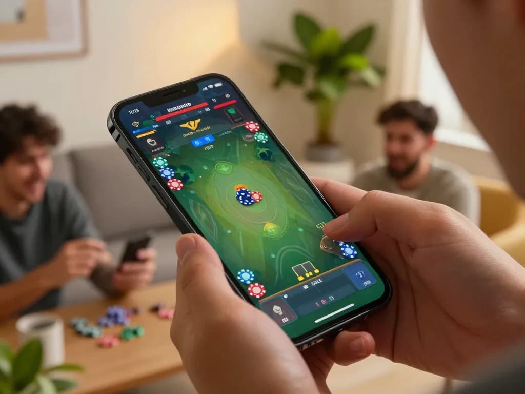 Engage in keratontoto gaming excitement with players using smartphones, showcasing vibrant home environment.