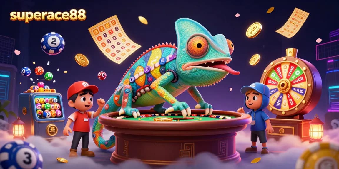 Experience the excitement with superace88's vibrant casino scene featuring a chameleon owner and dynamic gaming elements.