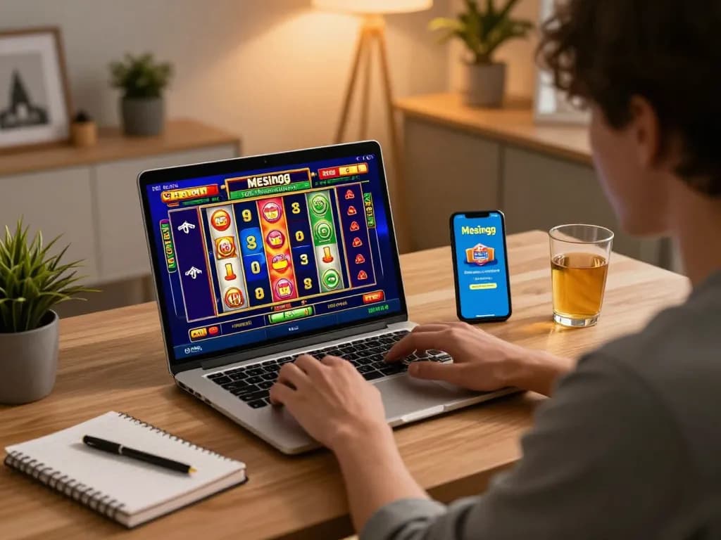 Engaged player spins the reels on Mesingg online slots in a cozy home office setting.