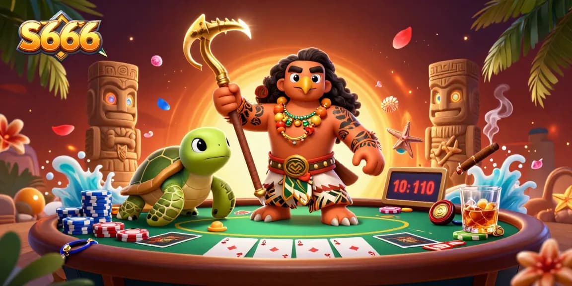 S666 showcases a vibrant scene with a demigod and turtle amidst poker elements and glowing tiki statues.