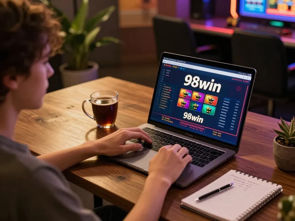 Player engaging with 98win online casino on laptop, displaying betting strategies and an inviting atmosphere.