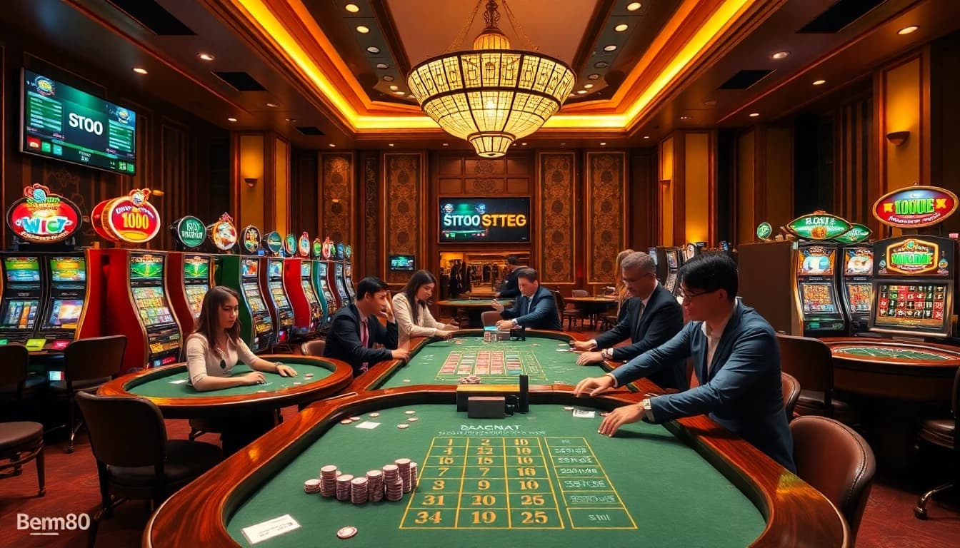 Experience the thrill of gambling at Bem88's luxurious casino scene with poker tables and vibrant slot machines.