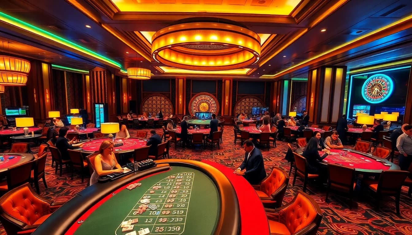Experience the elegance of SODO CASINO with lively players at poker tables and a vibrant roulette wheel.