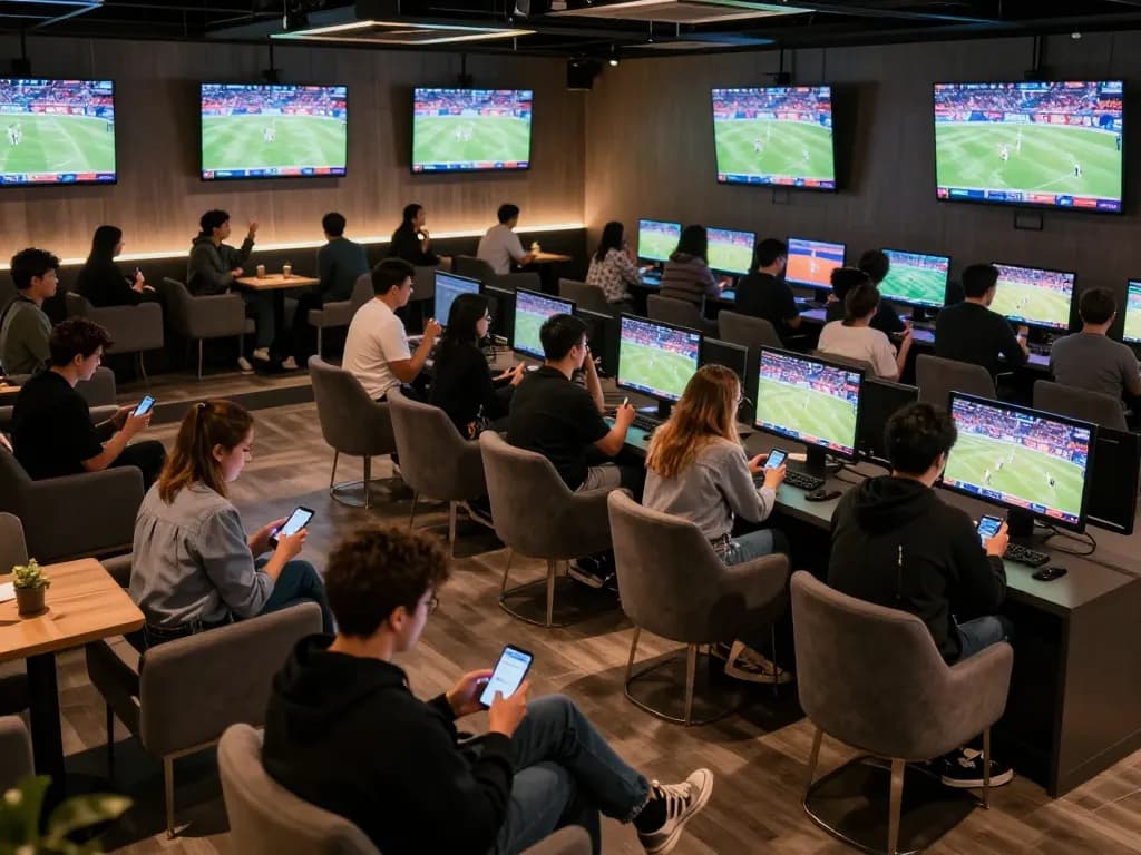 Fans engaging with the nowgoal app while watching live sports in a vibrant betting lounge
