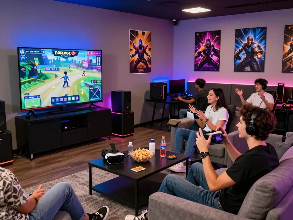 Friends enjoying an exciting gaming session on barcaslot interface in a vibrant lounge.