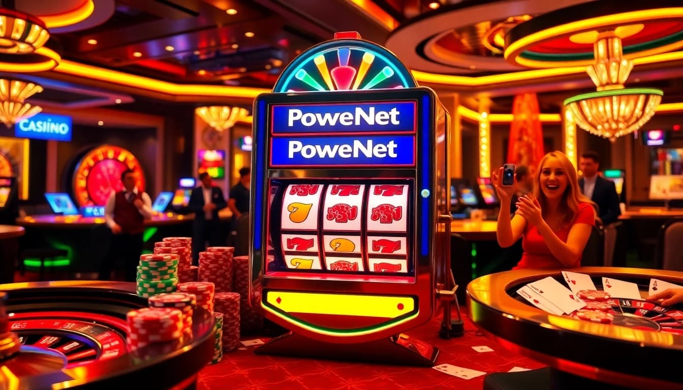 Players enjoying the PowerNet slot machine amidst colorful poker chips and cards in a luxurious casino.