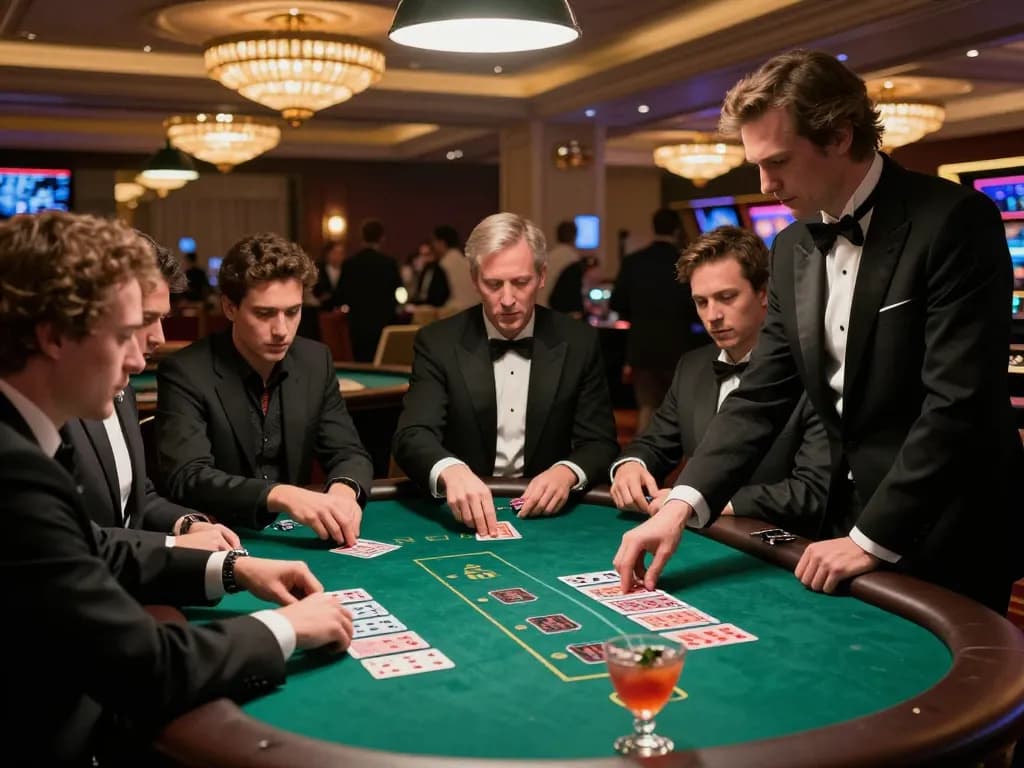 Go8 players strategizing during an intense blackjack game at an upscale casino table.