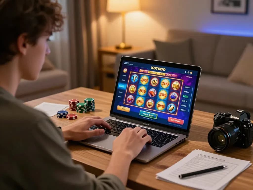 KDTOTO player engaged in online slots at home, showcasing a strategic gaming setup.