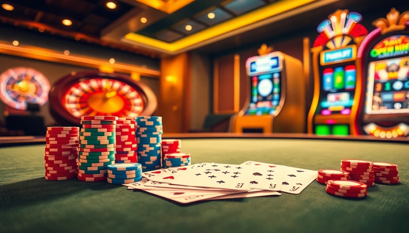 Experience the excitement of gambling at open88.mobi with a vibrant casino scene showcasing poker and roulette.