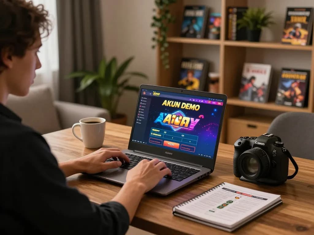 Akun Demo gameplay on a laptop at a cozy home desk, showcasing engaging online casino experience.