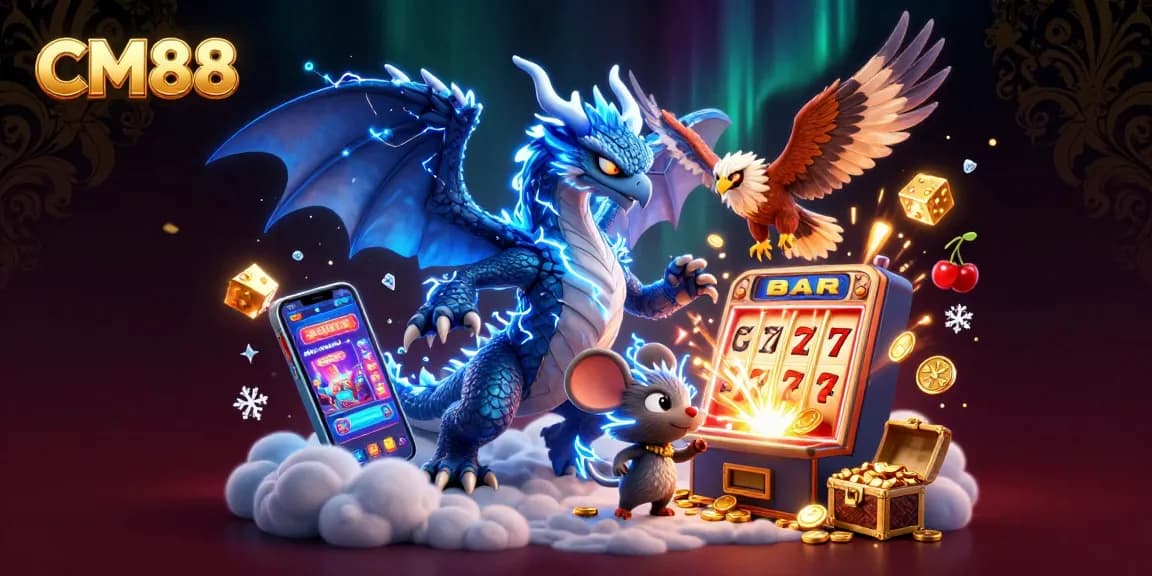 Spin and win with exciting CM88 slots featuring a dynamic thunder dragon and vibrant game elements.