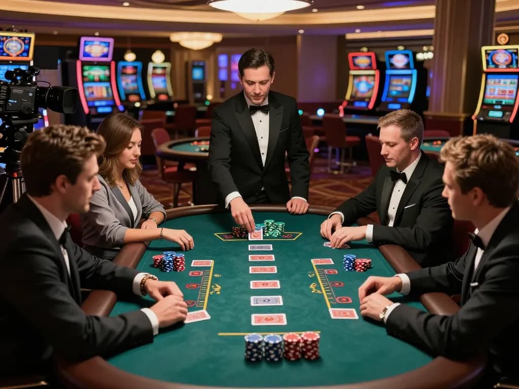 FC88 players strategizing at a high-stakes blackjack table in a luxury casino.