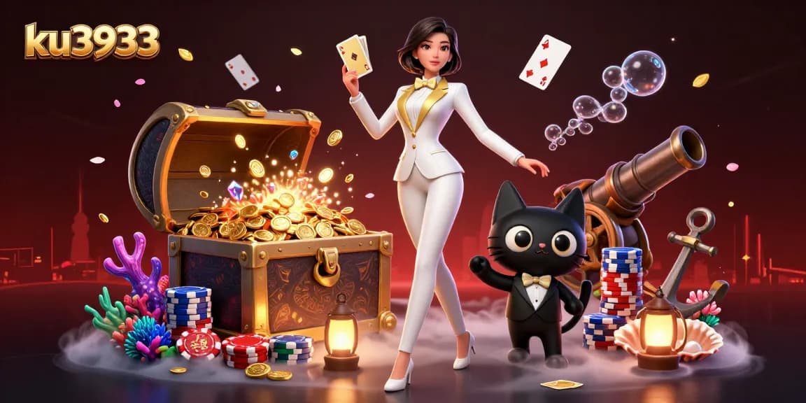 Shuffling cards in a vibrant casino scene with ku3933, featuring glamorous characters and treasures.