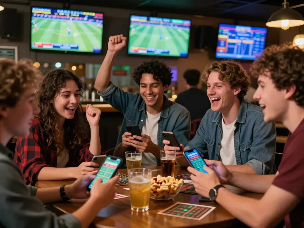 Friends engaging in spirited sports betting at the HIT CLUB, cheering for their teams amidst drinks and lively atmosphere.