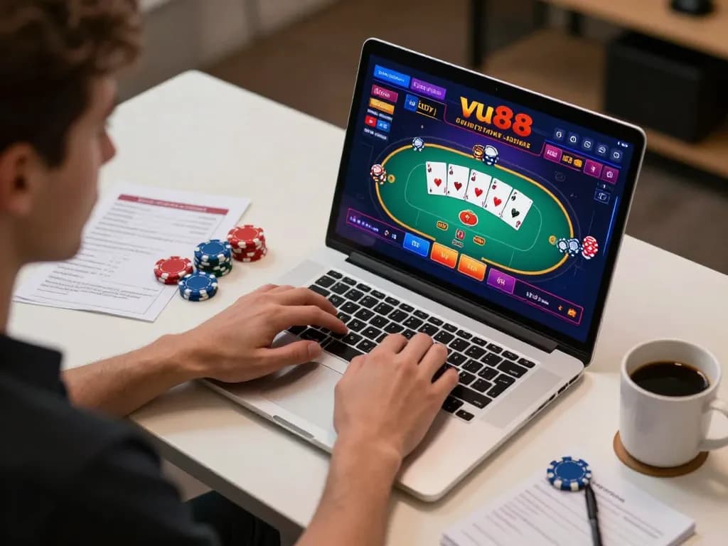 Play at vu88 online casino with user engaged in poker game at a stylish workspace.