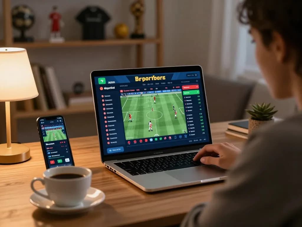 Engaged player analyzing kèo nhà cái odds on a laptop during live sports betting.