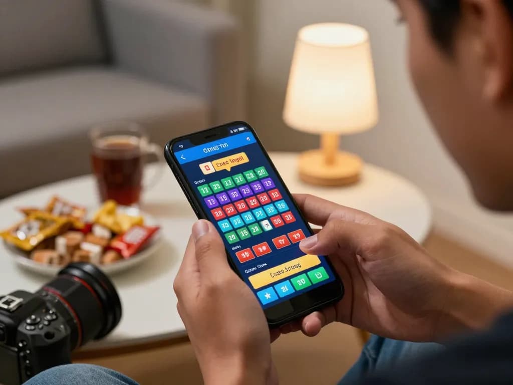 Pemain yang menggunakan aplikasi seluler toto togel sambil menikmati camilan di lingkungan rumah yang nyaman
