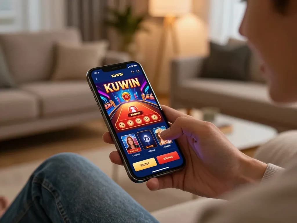 Kuwin player enjoying vibrant casino app on smartphone at home, showcasing online betting excitement