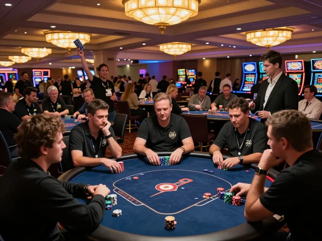 Players at a busy casino poker tournament with tx88 chips stacked high, showcasing strategy and excitement.