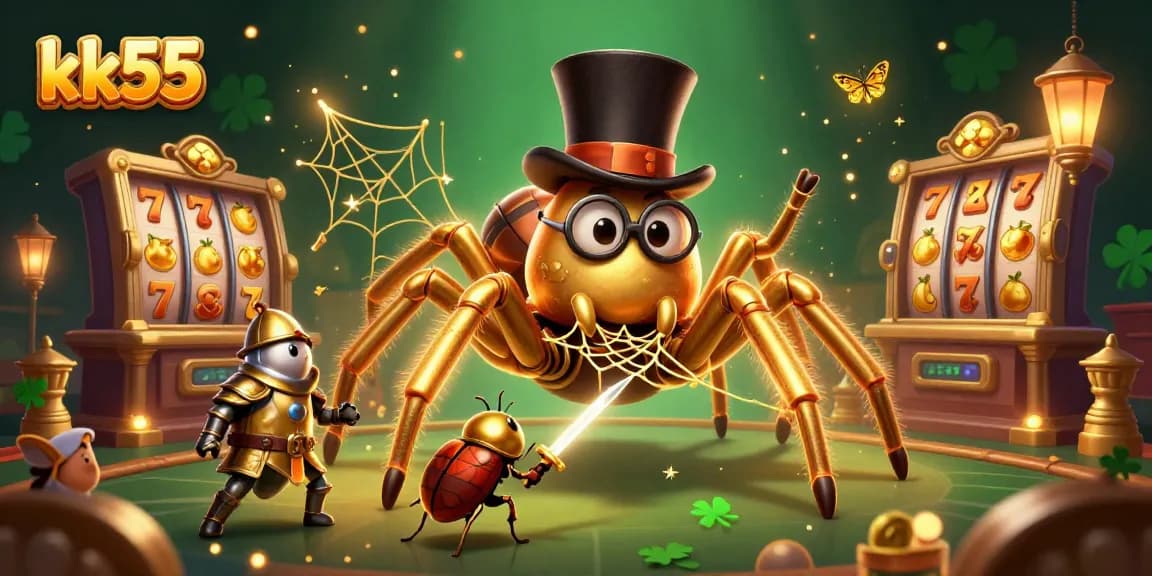 Engage with kk55's golden web of slot excitement, showcasing a unique casino adventure.