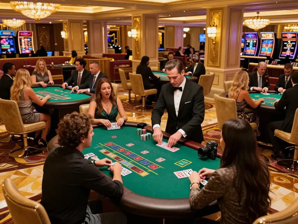 hargatoto players enjoying blackjack at a vibrant Las Vegas casino table.
