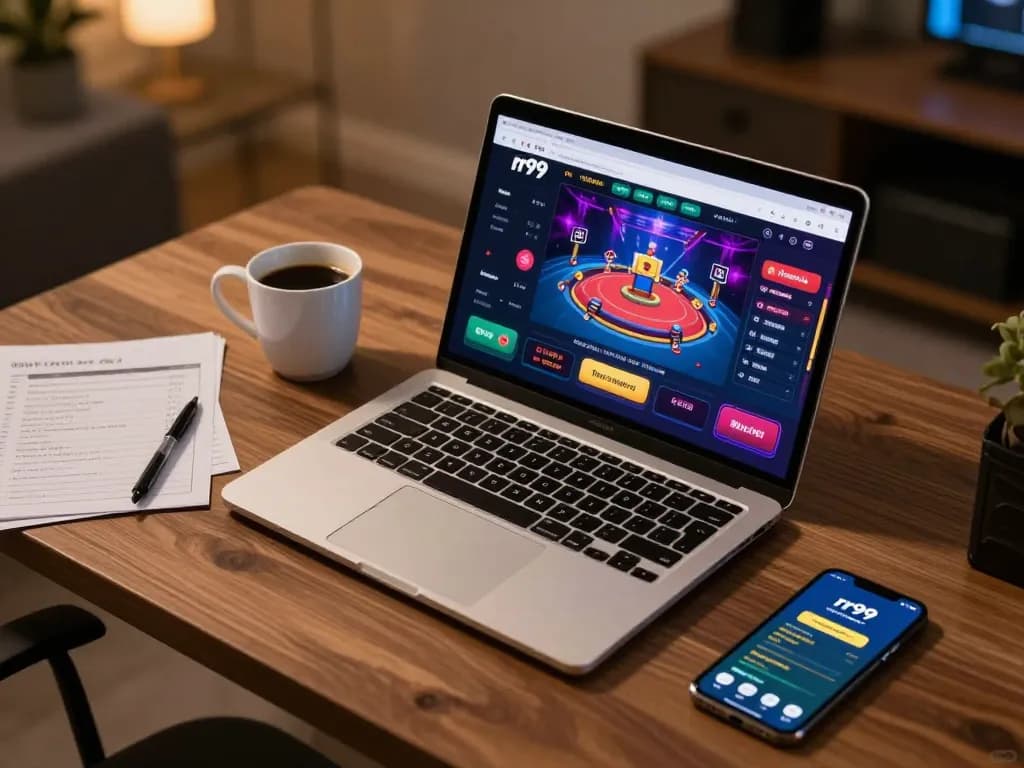 Engaging rr99 online betting experience showcased on a sleek laptop, warm home atmosphere.