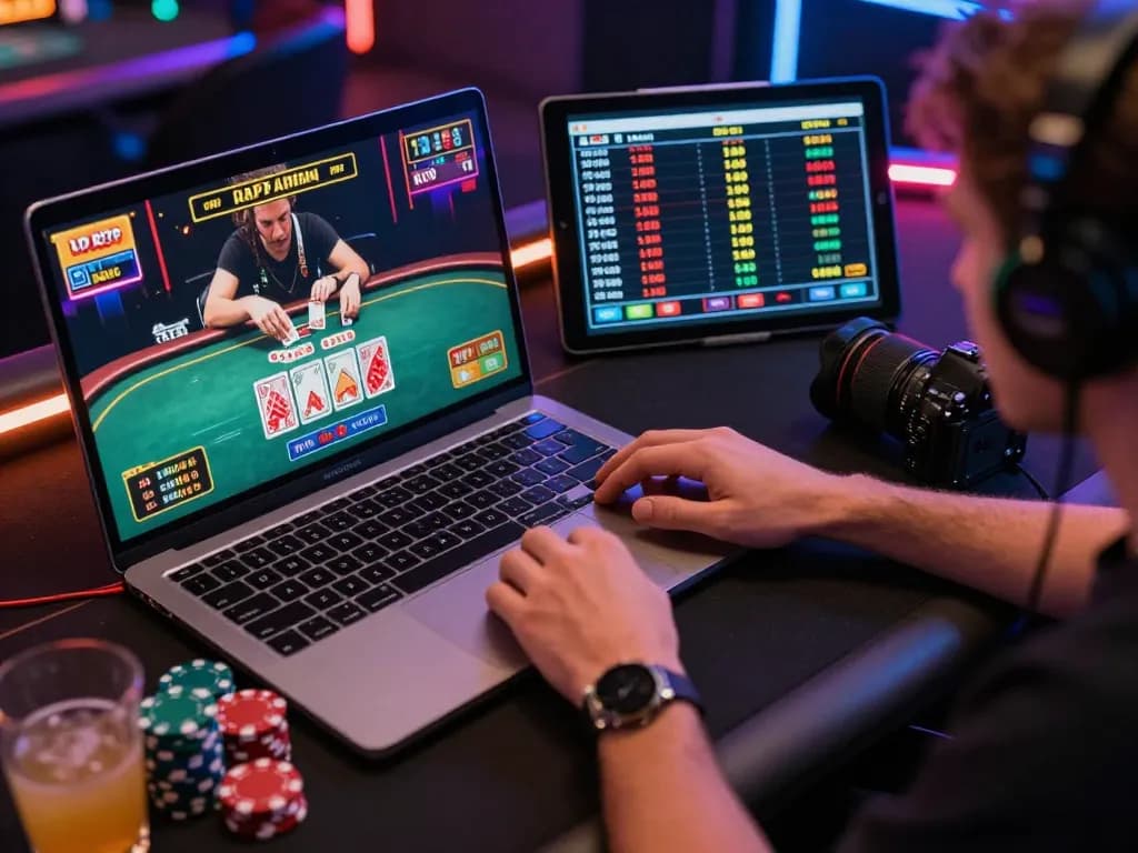 Engaging player monitoring RTP Live games on dual-screen setup during online casino session.