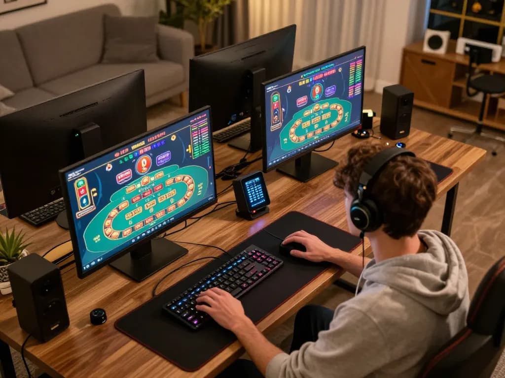Player strategizing on multiple screens for KJC online gaming, showcasing a professional gaming setup in a cozy home office