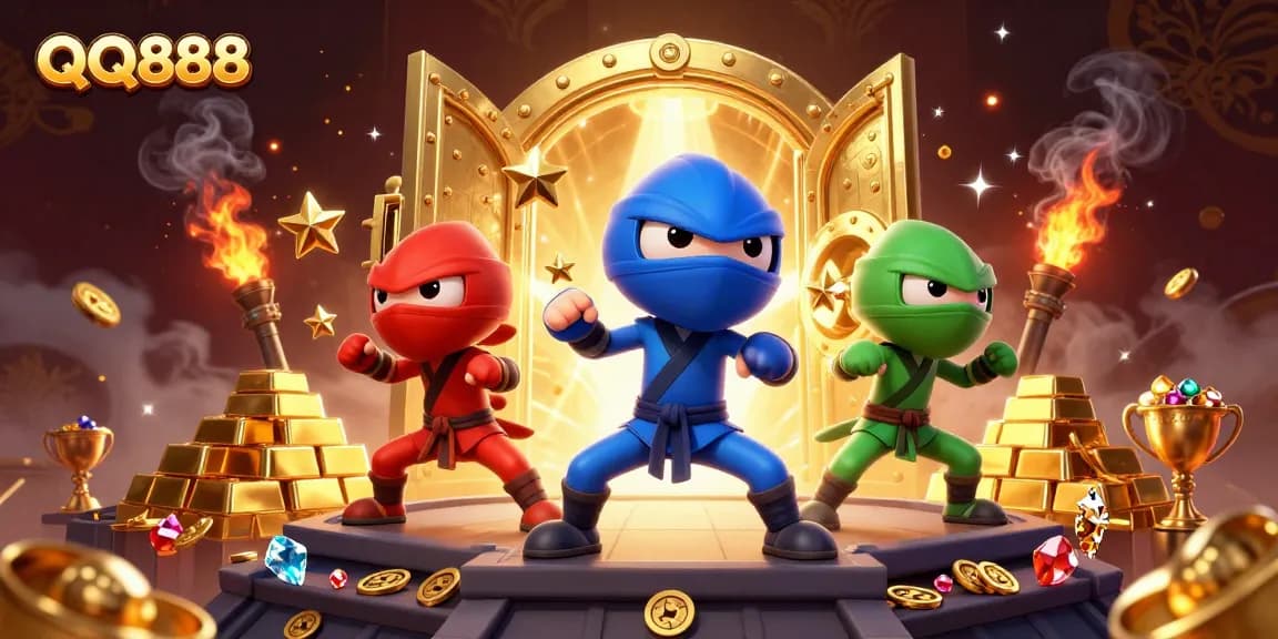 Engage with QQ888 as ninja chameleons battle amidst treasure vaults and riches in this thrilling illustration.
