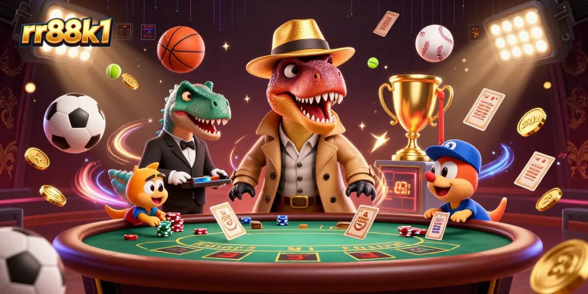 Experience the thrill of rr88k1 with a clever velociraptor card counter amidst a vibrant casino atmosphere.