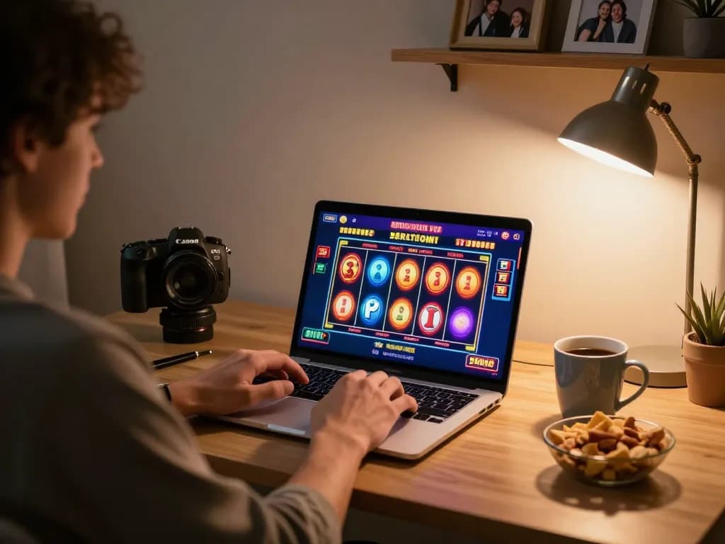 Engaging in online slots gameplay on go99 platform at home, highlighting a cozy atmosphere