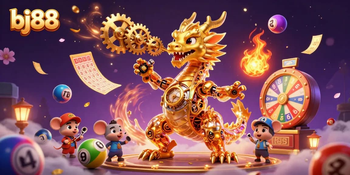 Experience thrilling gaming with bj88's vibrant illustrated features, showcasing a golden dragon and dynamic lottery elements.