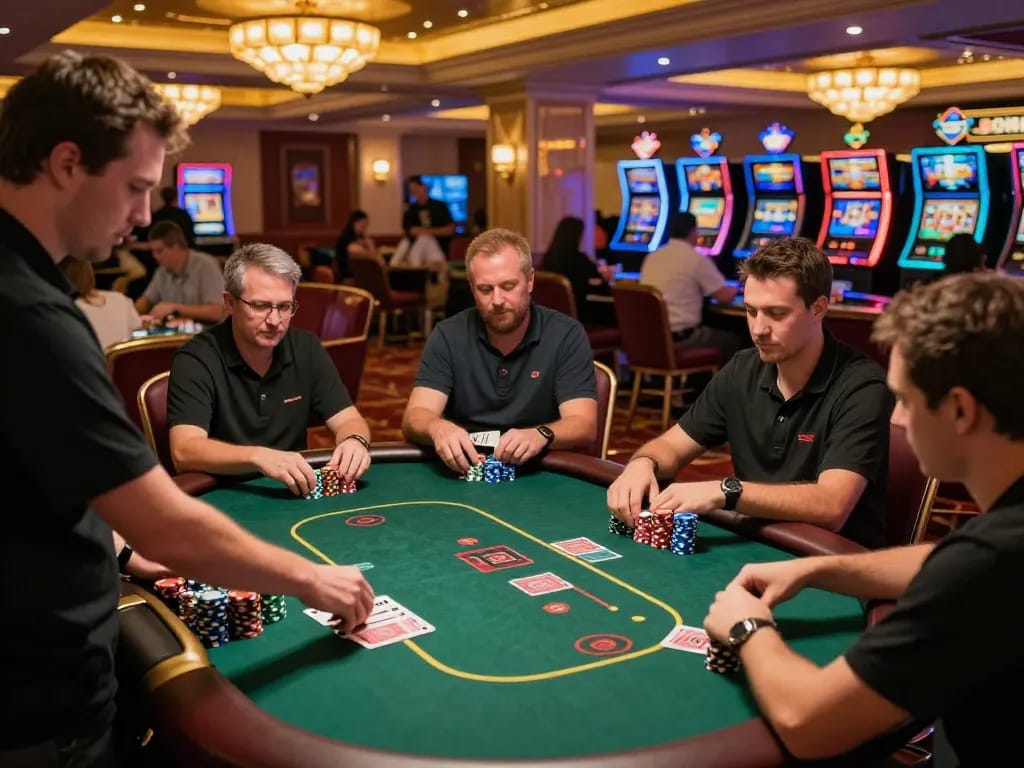 Pragmatic strategies unfold at an intense poker table in a bustling casino environment.