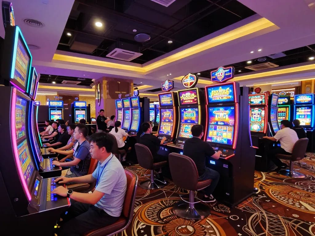Players engaging with colorful slot machines at 79KING casino, showcasing excitement and vibrant gameplay
