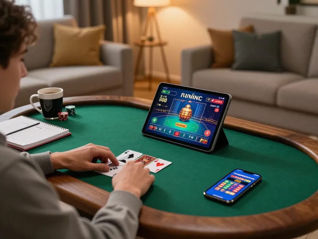 Engaging in a strategic poker game online with five88 app in a cozy home setting