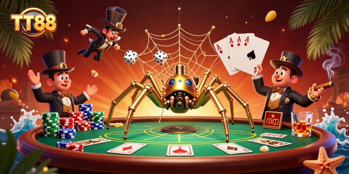 Experience TT88's vibrant casino atmosphere with a steampunk spider and poker elements.