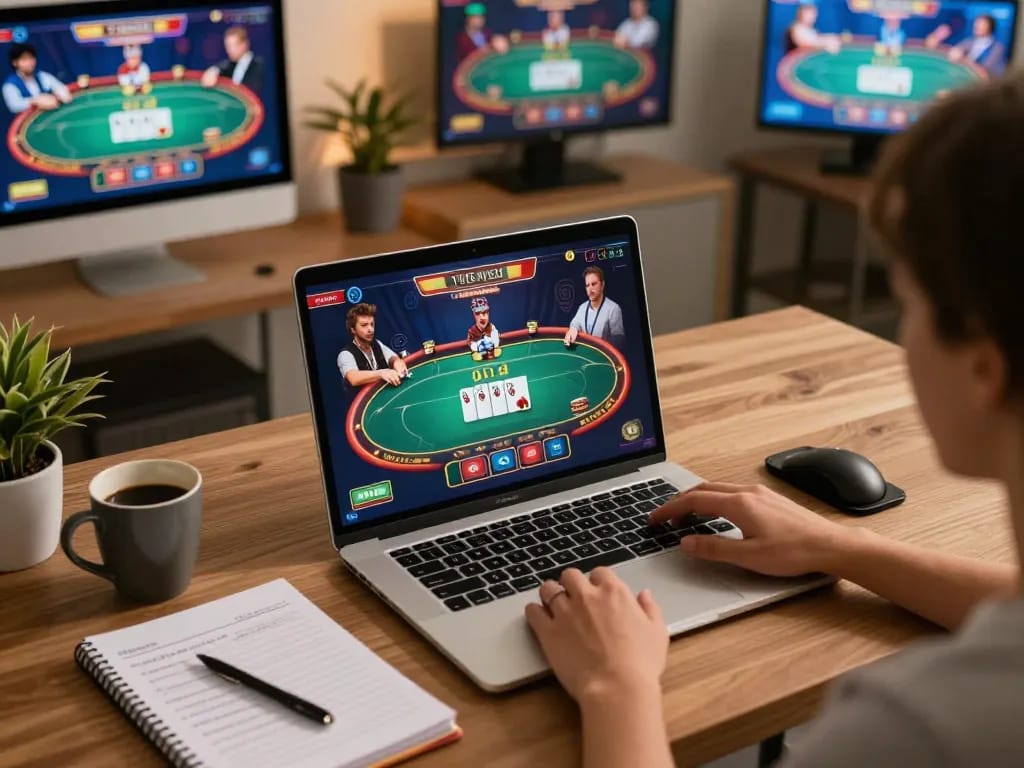 Engaging online poker gameplay at https://tg88.cash/ on a laptop, showcasing strategic betting.