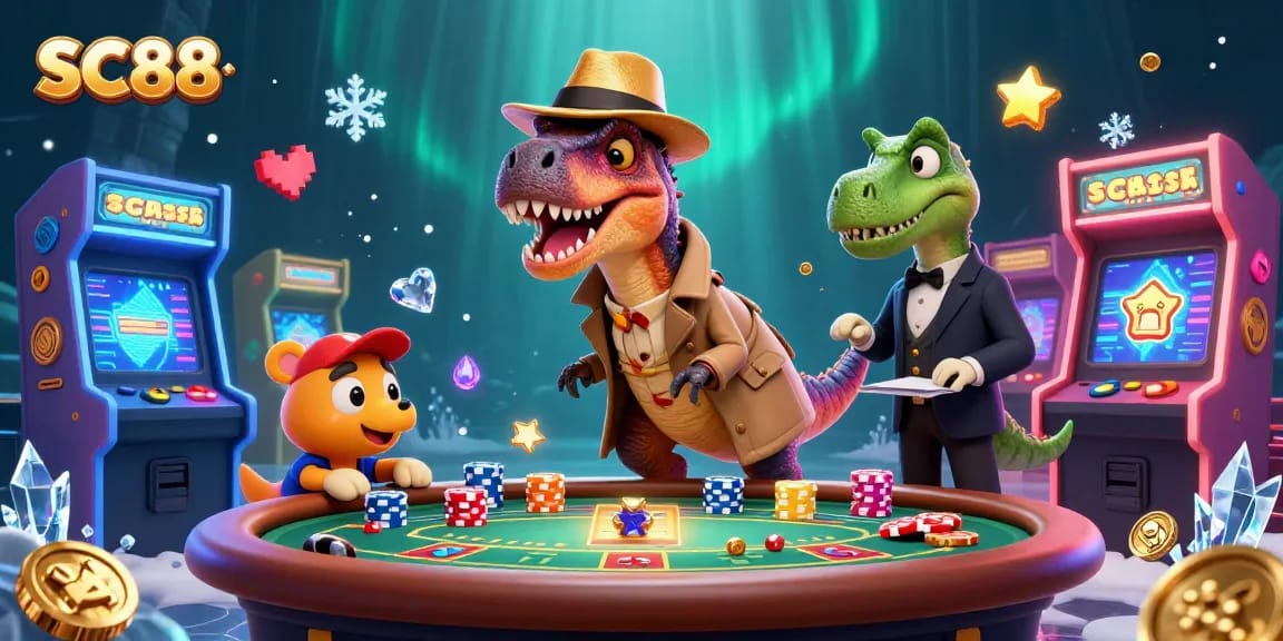 Experience thrilling gameplay at SC88, where a velociraptor card counter and friends gather at a blackjack table.