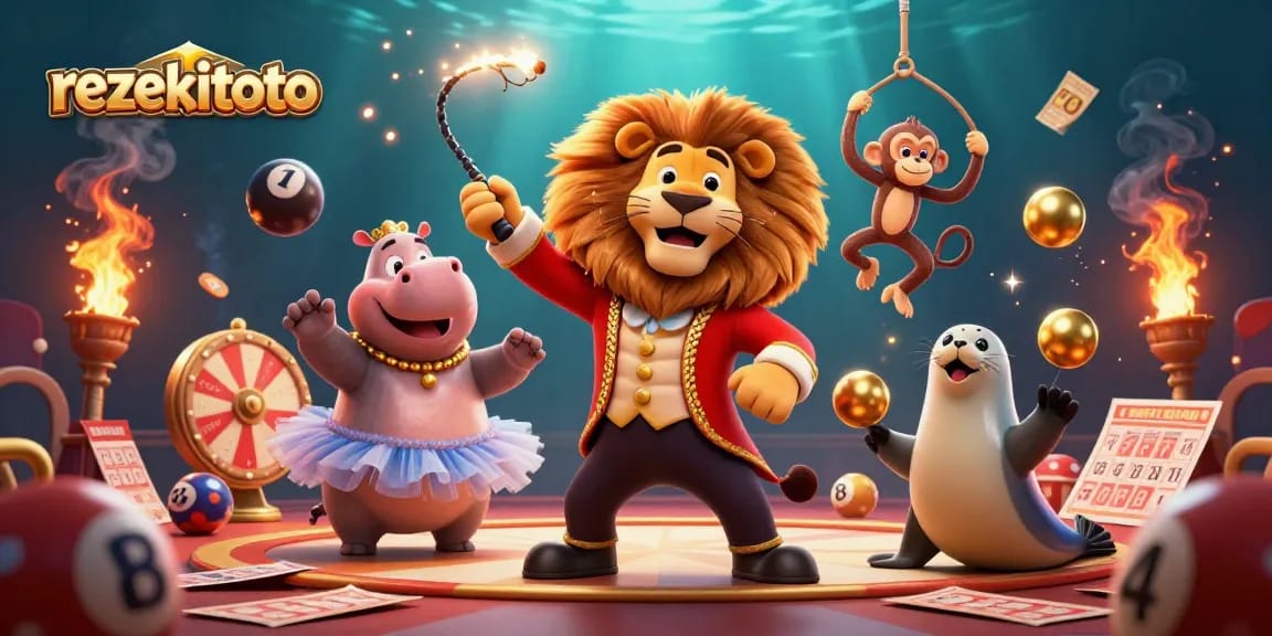 Experience excitement with rezekitoto's vibrant lottery game scene featuring animated characters.