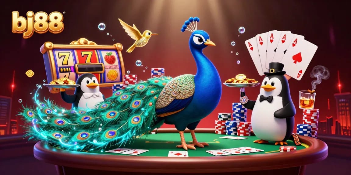 Experience vibrant fun with bj88, showcasing a colorful 3D casino scene featuring a peacock, a butler penguin, and sparkling game elements.
