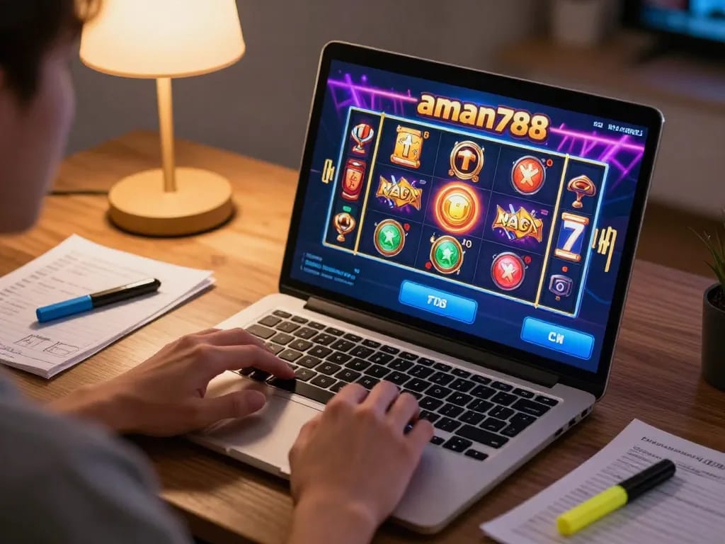 Terlibat dalam permainan aman788 di laptop dengan grafik slot berwarna-warni, mempromosikan praktik perjudian yang bertanggung jawab.
