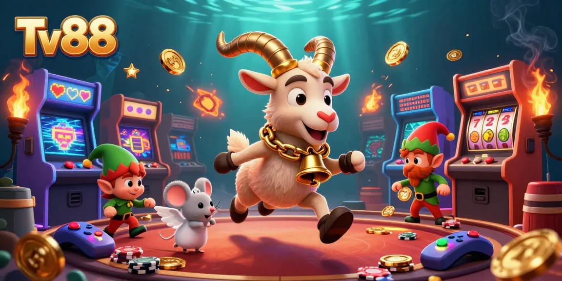 Experience thrilling gameplay at Tv88 with a vibrant 3D casino scene full of slots and unique characters.