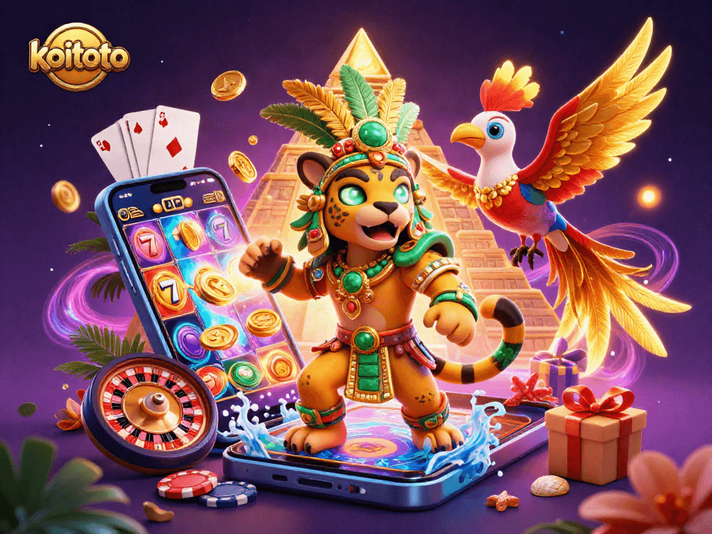 Engage with koitoto's vivid 3D casino artwork, showcasing dynamic slot action with Mayan elements.
