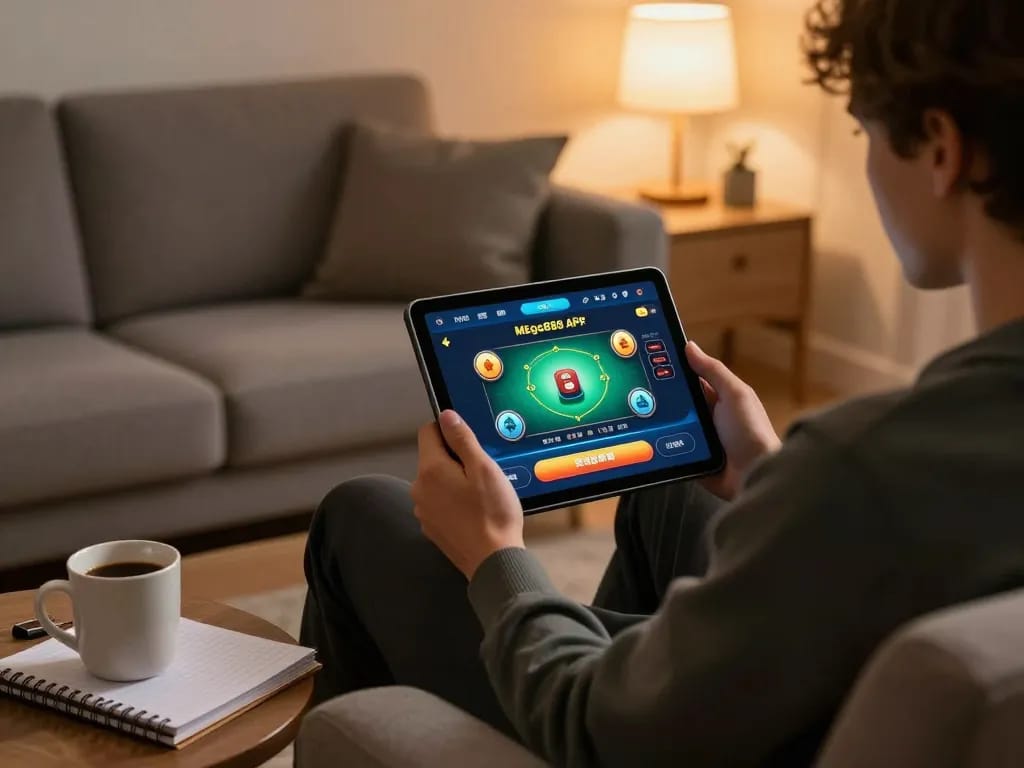 Momen menarik bermain Mega888 APK untuk Android di tablet dalam suasana rumah yang selesa.