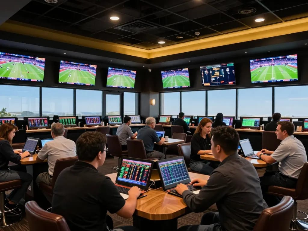 Engaging scene of bettors reviewing kèo nhà cái trực tiếp while placing bets in a stylish sportsbook atmosphere.