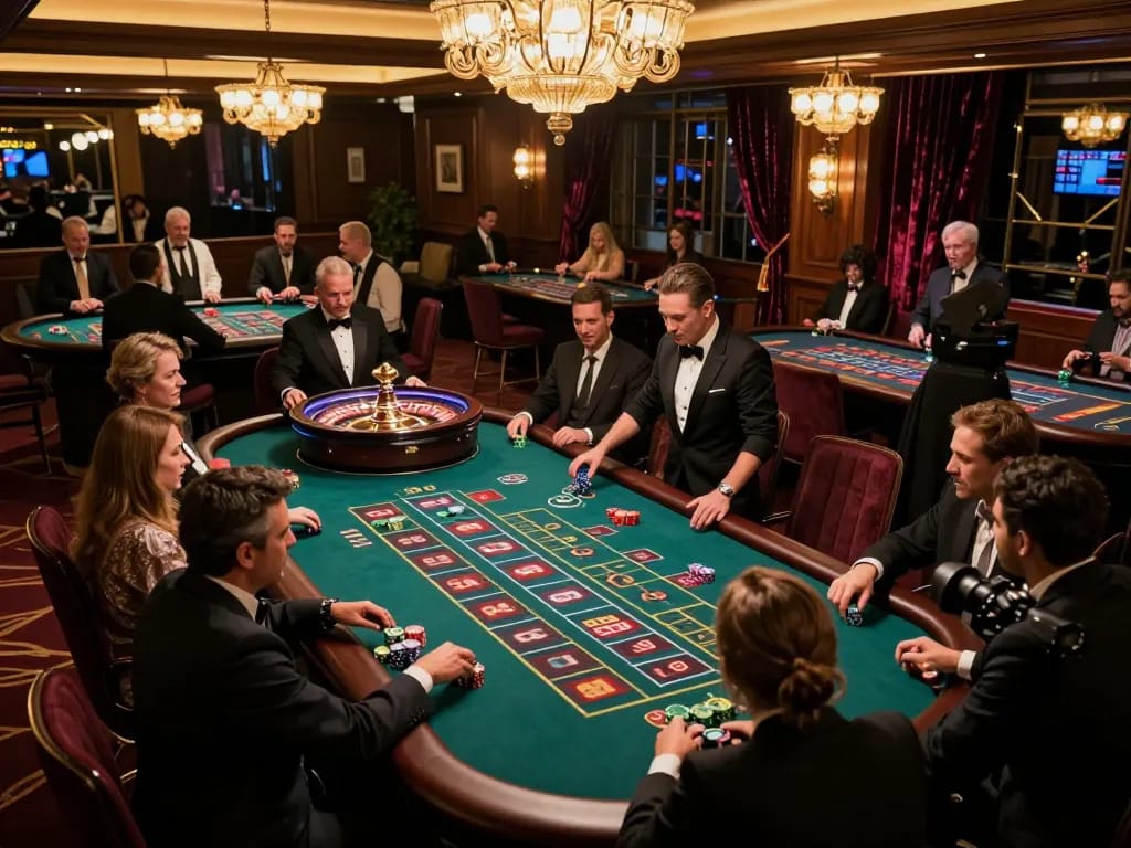Experience thrilling gameplay at Sunwin's opulent casino with players eagerly betting around a roulette table.