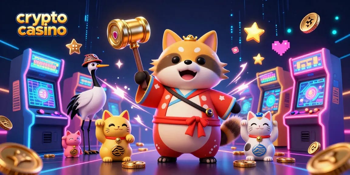 Engage in the crypto casino experience with vibrant characters and arcade game elements.