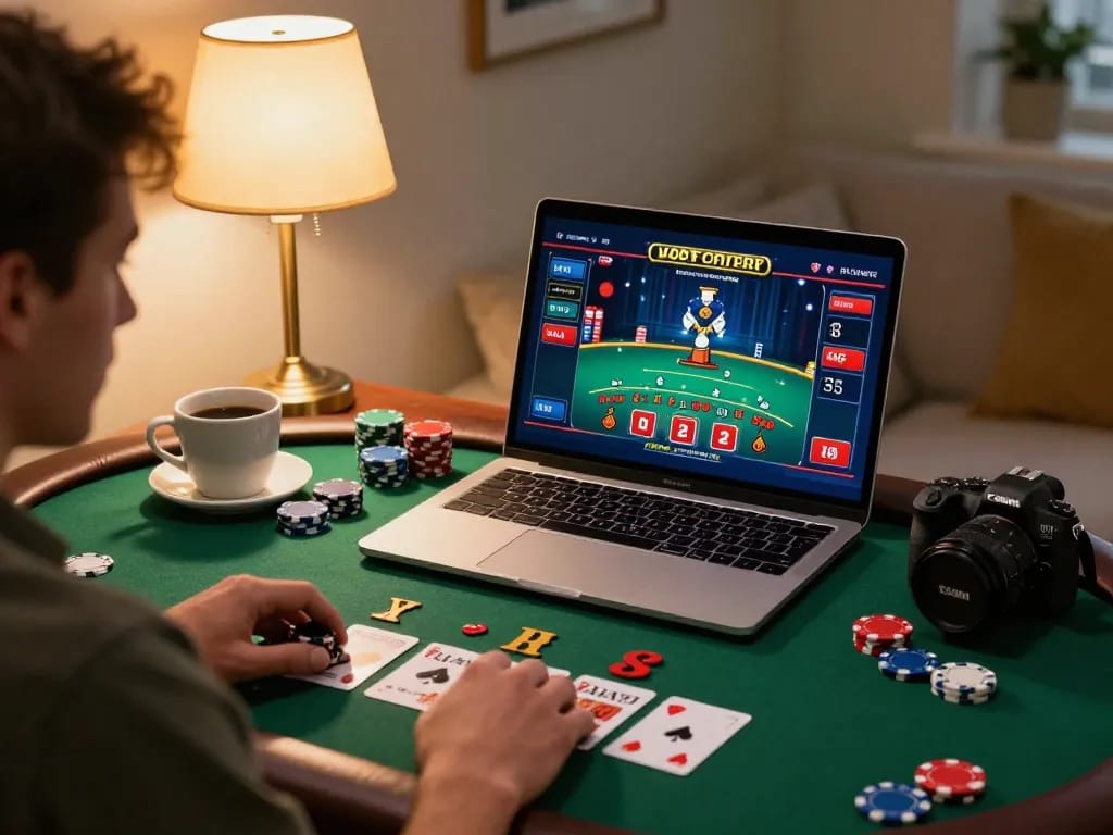 Player enjoying Vmax ok online blackjack session in cozy home setup, showcasing strategic gameplay.