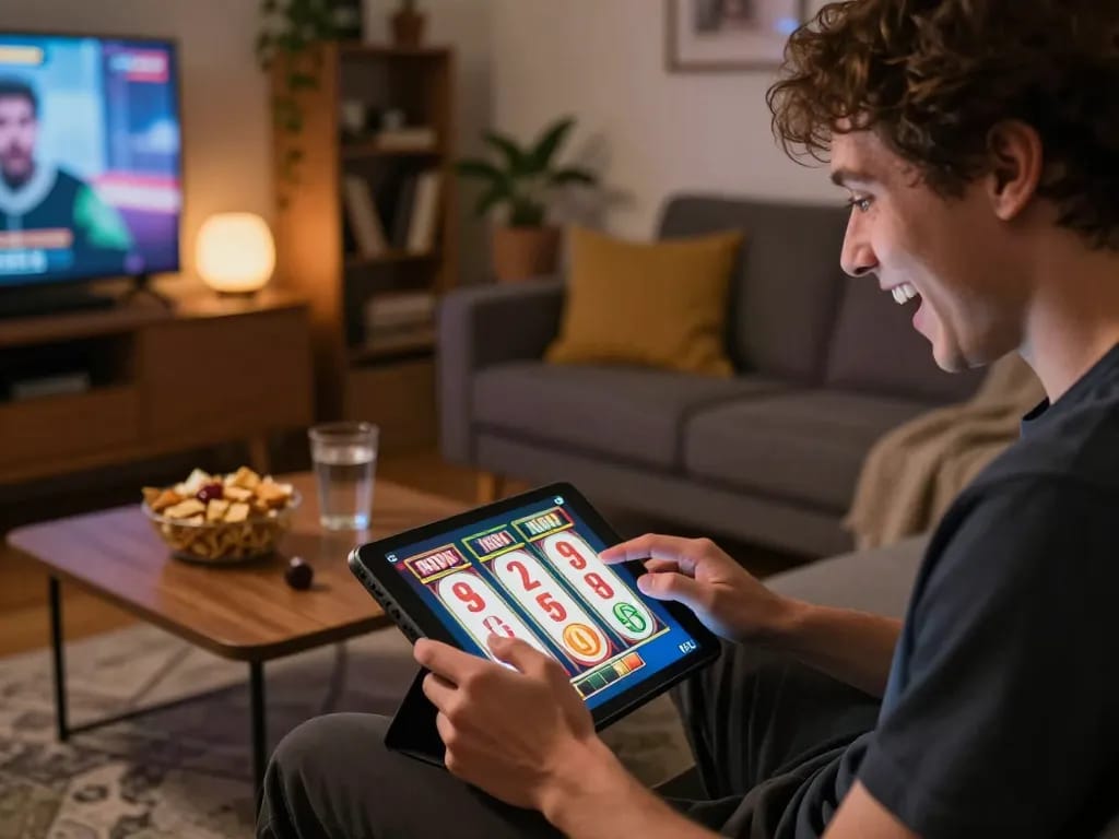 Pemain yang bersemangat terlibat dalam permainan slot daring di tablet di rumah, mengalami putaran mendebarkan yang menunjukkan koneksi slovakia-vhs ke permainan